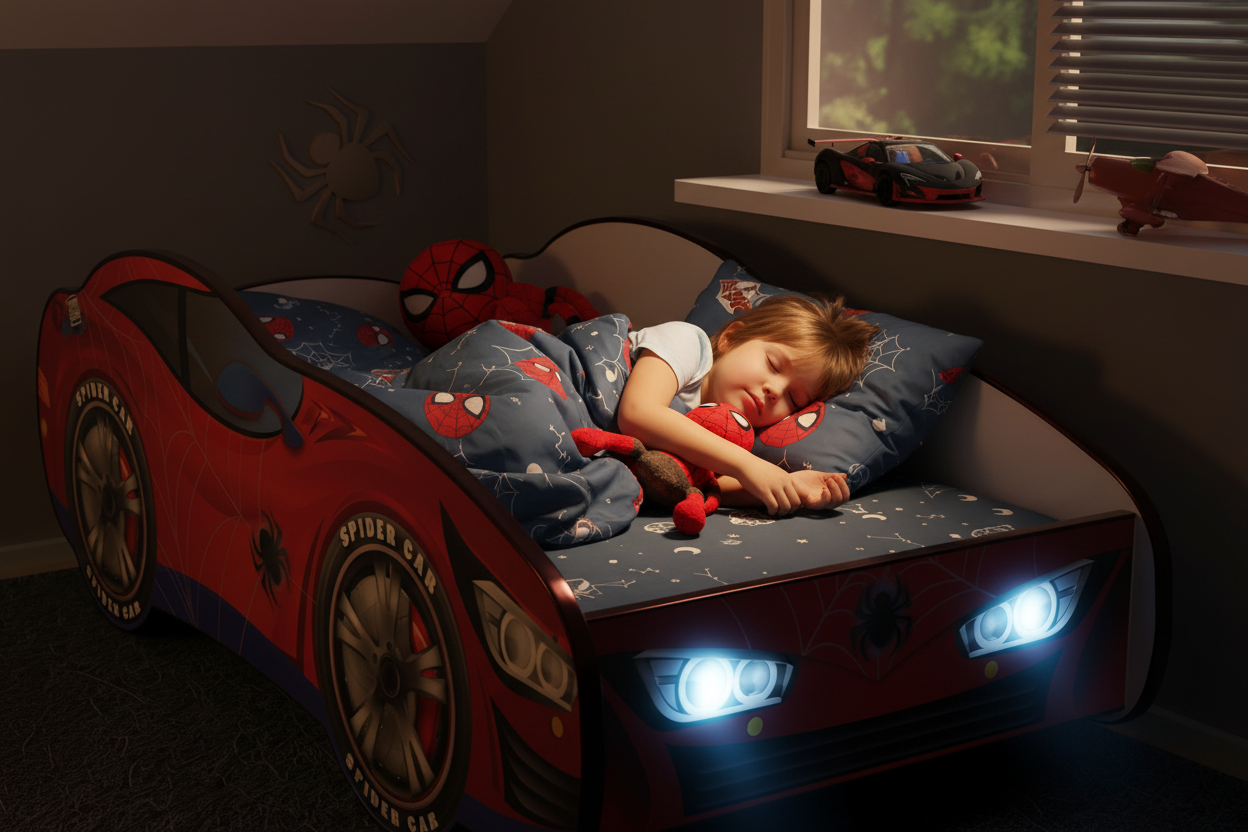 Letto Spiderman - Bambino che dorme con LED notturni