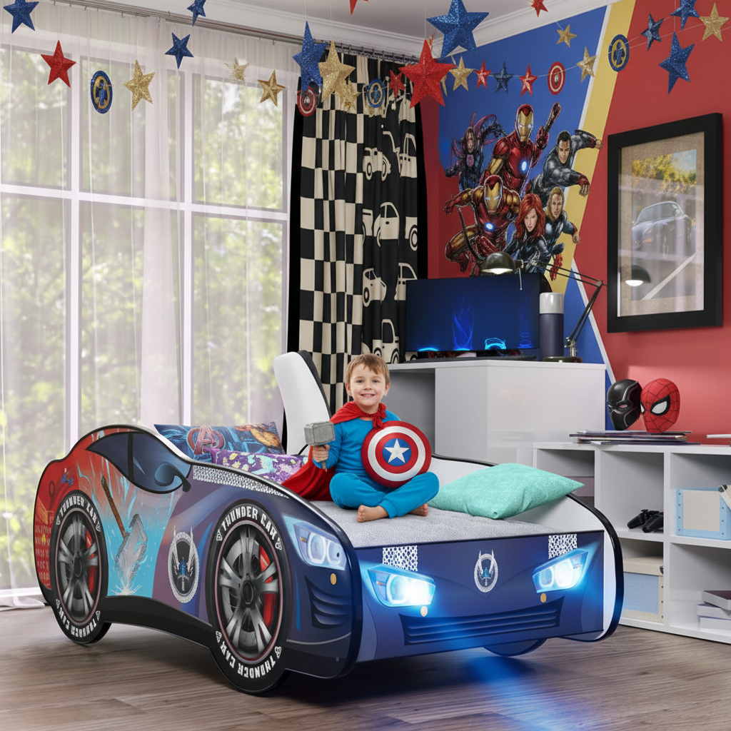 Letto Thunder in cameretta Avengers con maschere e stelle