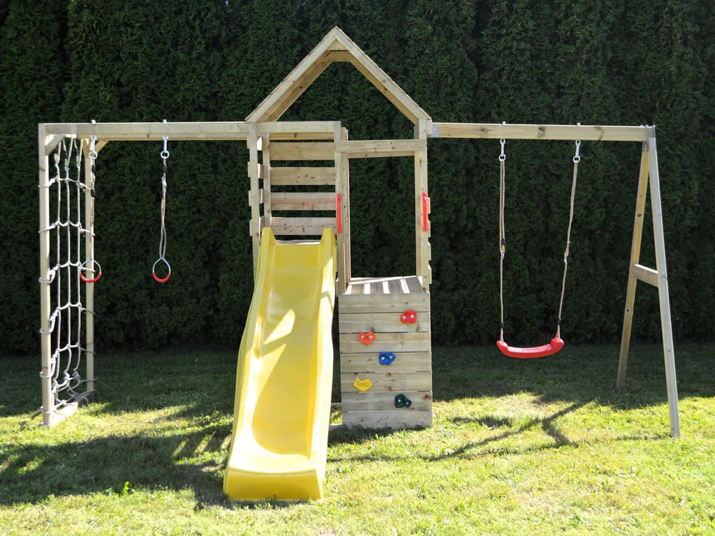 M41 Parco Giochi in Legno Climb Tower 3 con Set Torre Arrampicata Modulo Palestra e Altalena Singola con Scivolo Giallo Altalena 2 Arrampicate Barra e Anelli