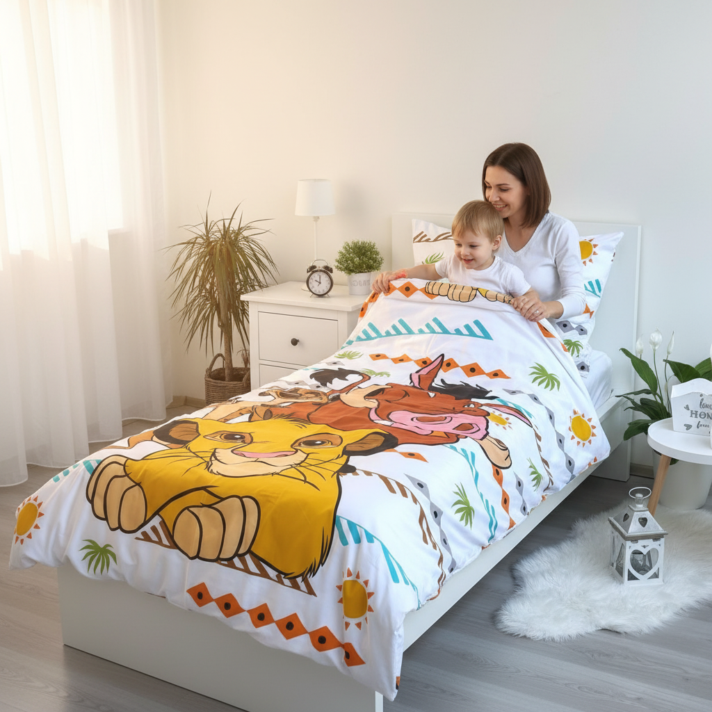 Mamma e bambino sistemano letto