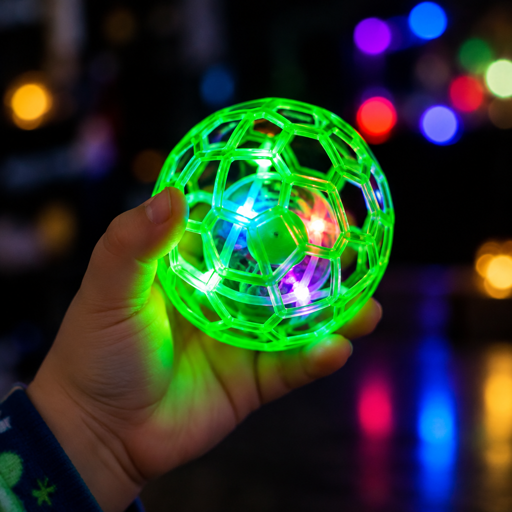 Mano bambino con Super Ball verde glowing