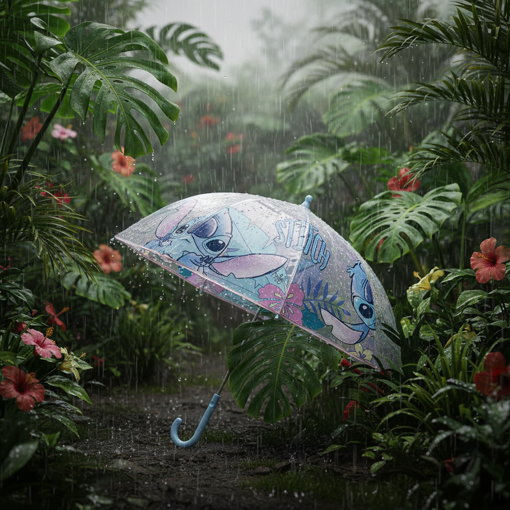Ombrello appoggiato a pianta tropicale