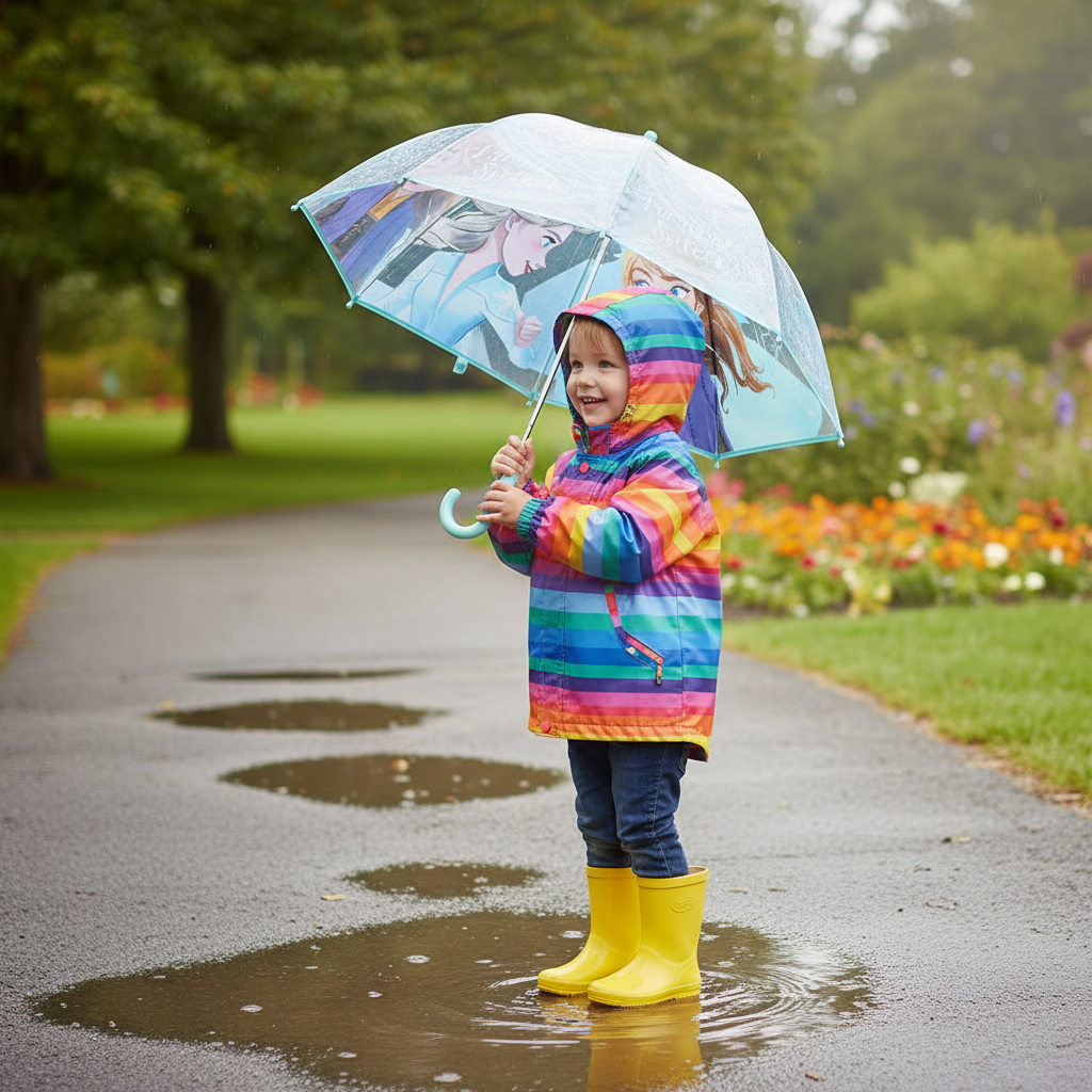 Ombrello Frozen con bambina in impermeabile