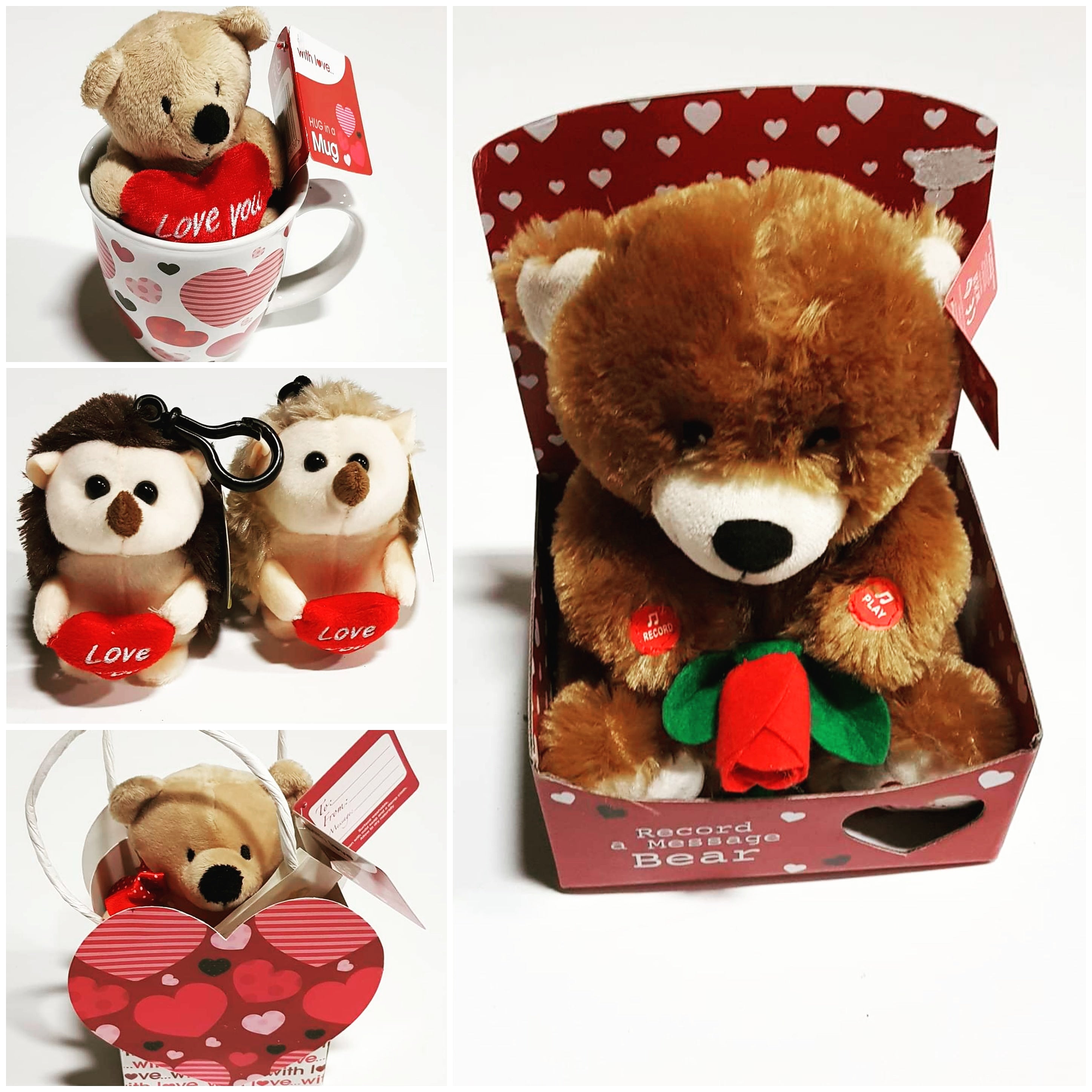 pack2020vale Pack san Valentino innamorati:
1 peluche 32 cm che  registra il tuo
     messaggio d'amore e lo ripete al partner
1 peluche in tazza amore
2 porcospini peluche portachiavi
1 peluche in bustina love con biglietto