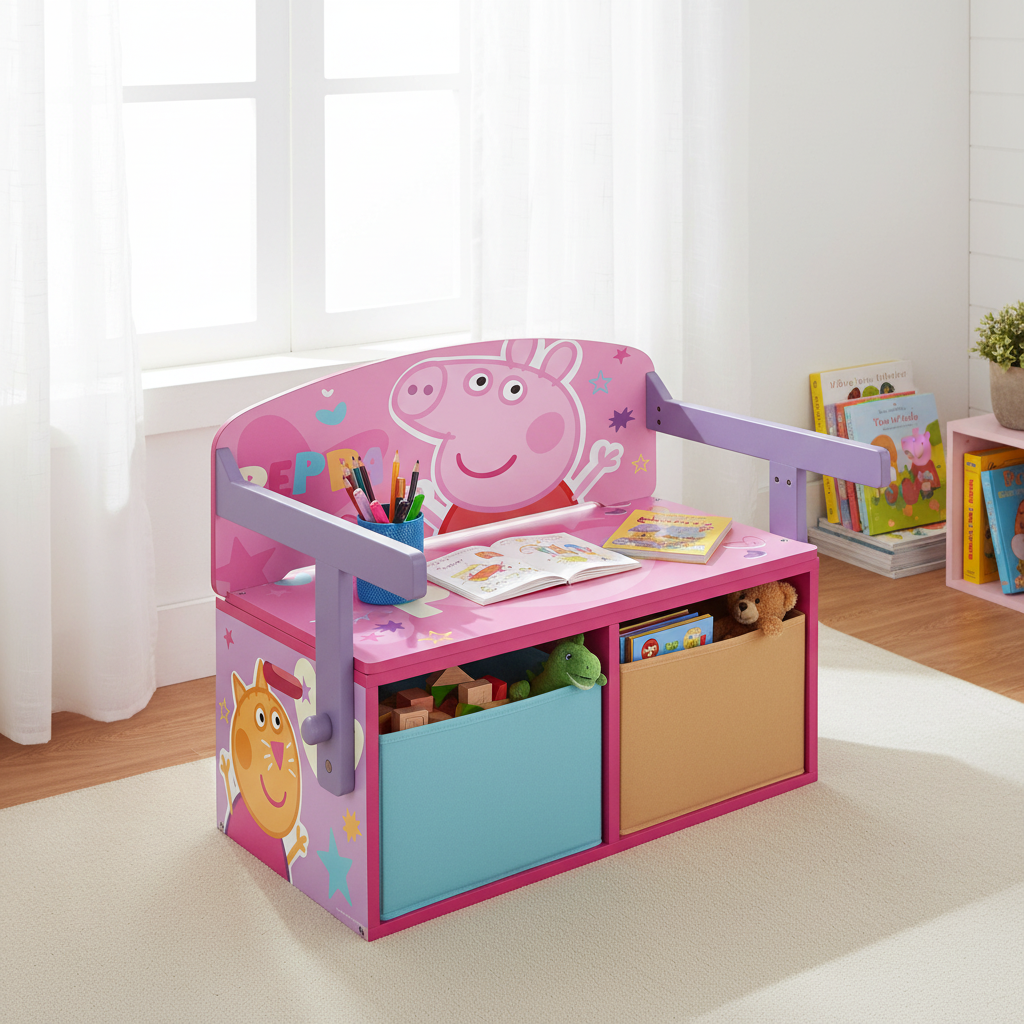 Panca in modalità scrivania con materiali