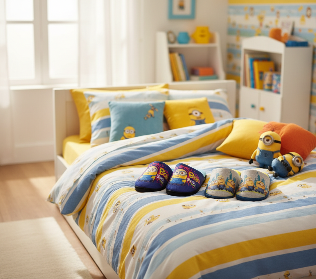 Pantofole Minions sul letto