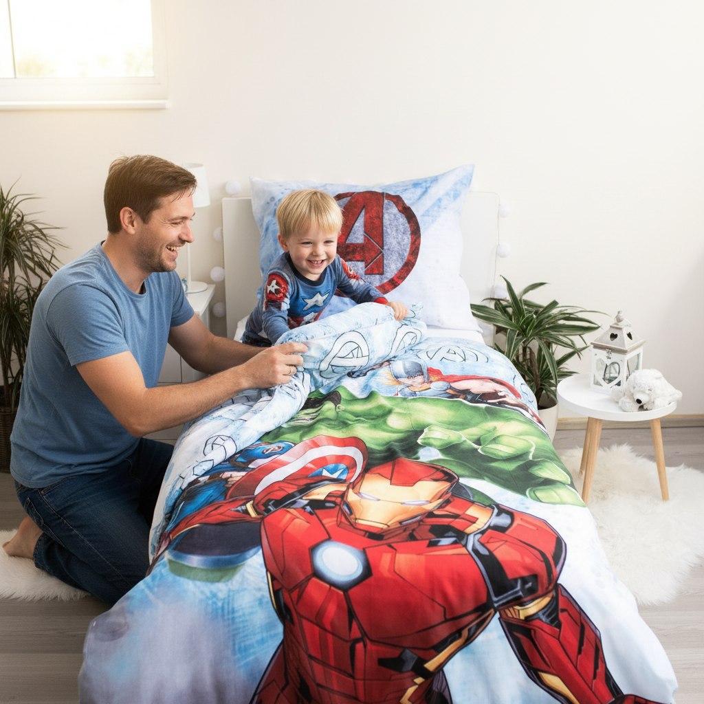 Papà e bambino sistemano letto