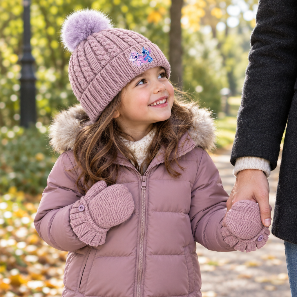 Passeggiata con cappello e moffole Stitch