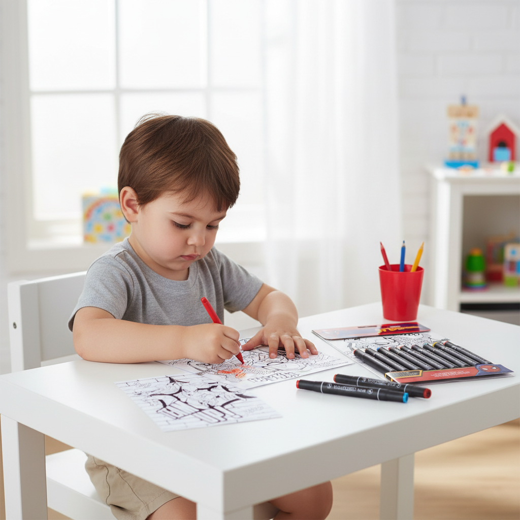 Set da colorare - Bambino su scrivania