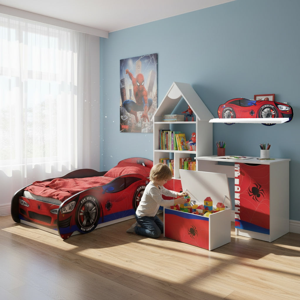 TPCAMSPID Cameretta completa Spider-hero 5 pezzi | Letto 160x80cm + Baule + Libreria + Mensola + Scrivania