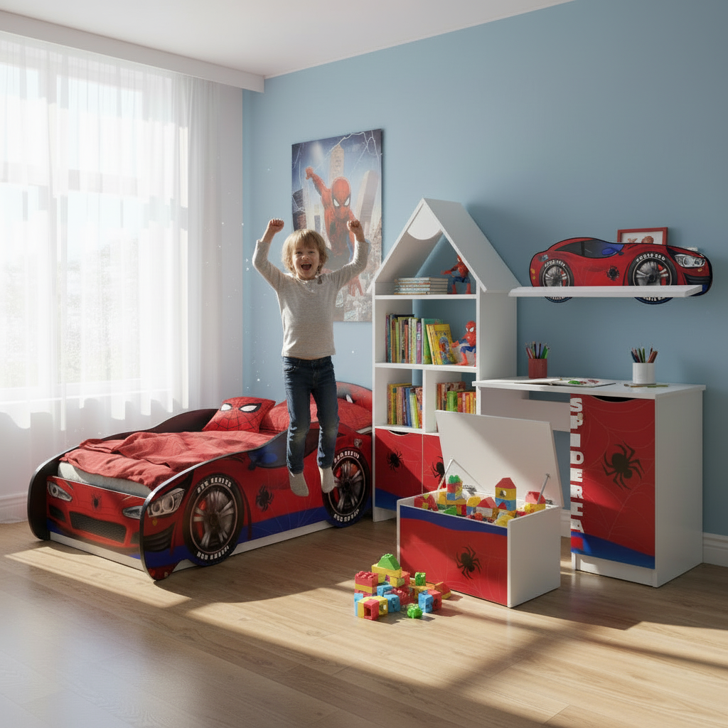 TPCAMSPID Cameretta completa Spider-hero 5 pezzi | Letto 160x80cm + Baule + Libreria + Mensola + Scrivania