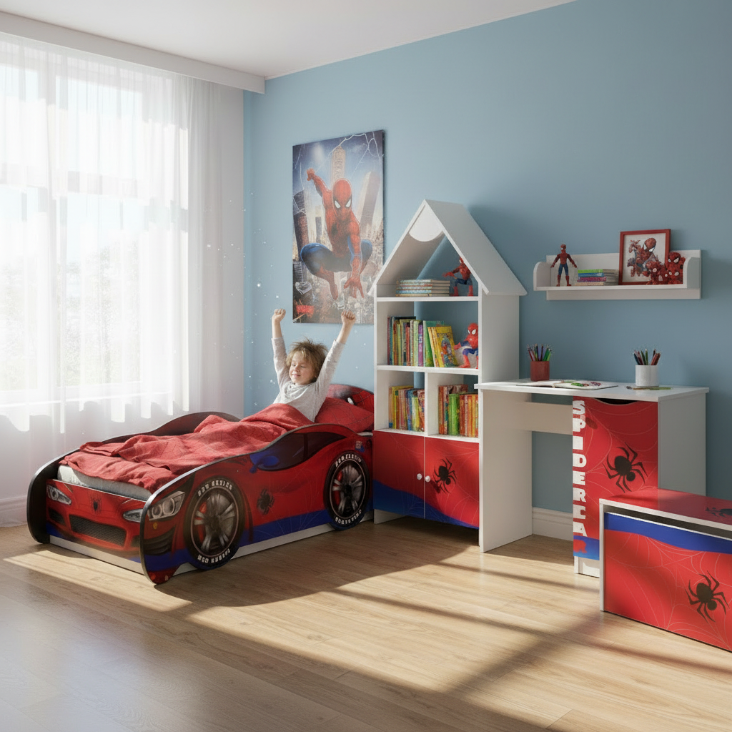 TPCAMSPID Cameretta completa Spider-hero 5 pezzi | Letto 160x80cm + Baule + Libreria + Mensola + Scrivania