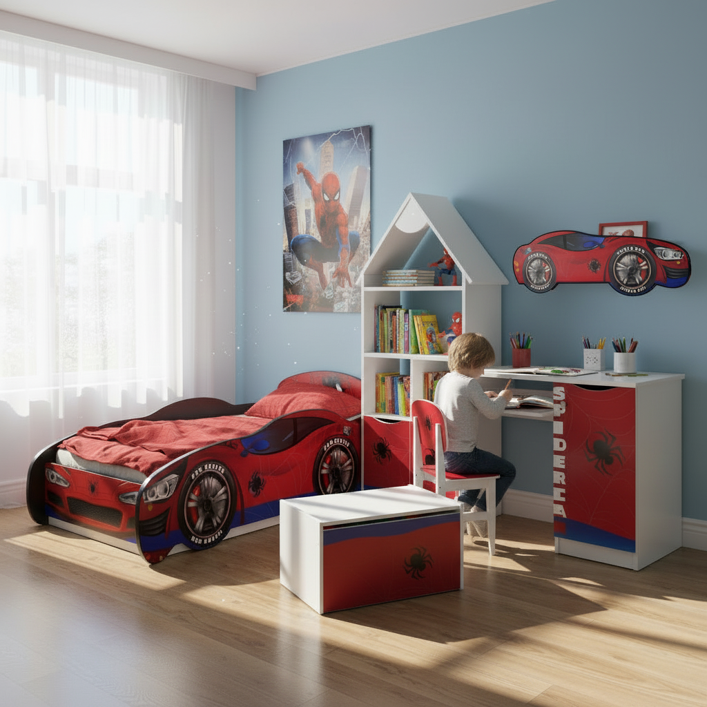 TPCAMSPID Cameretta completa Spider-hero 5 pezzi | Letto 160x80cm + Baule + Libreria + Mensola + Scrivania
