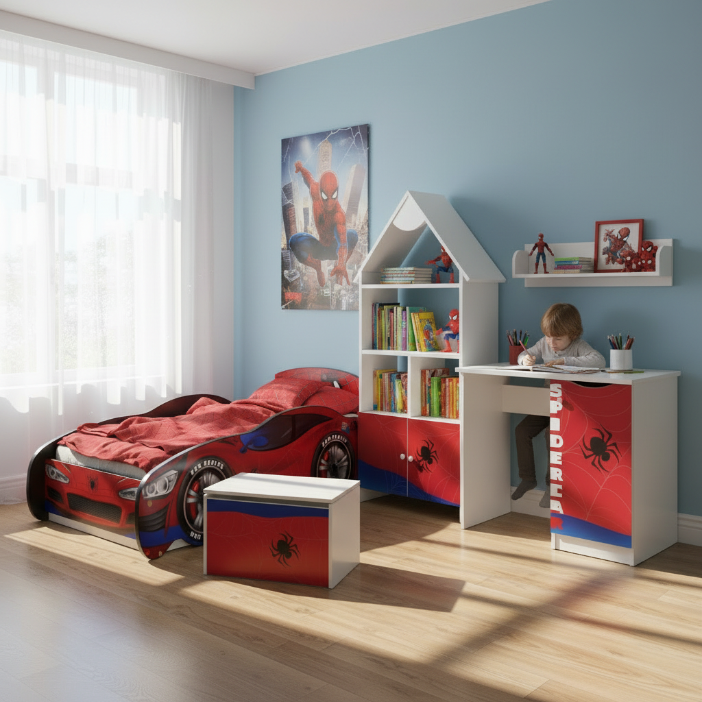 TPCAMSPID Cameretta completa Spider-hero 5 pezzi | Letto 160x80cm + Baule + Libreria + Mensola + Scrivania