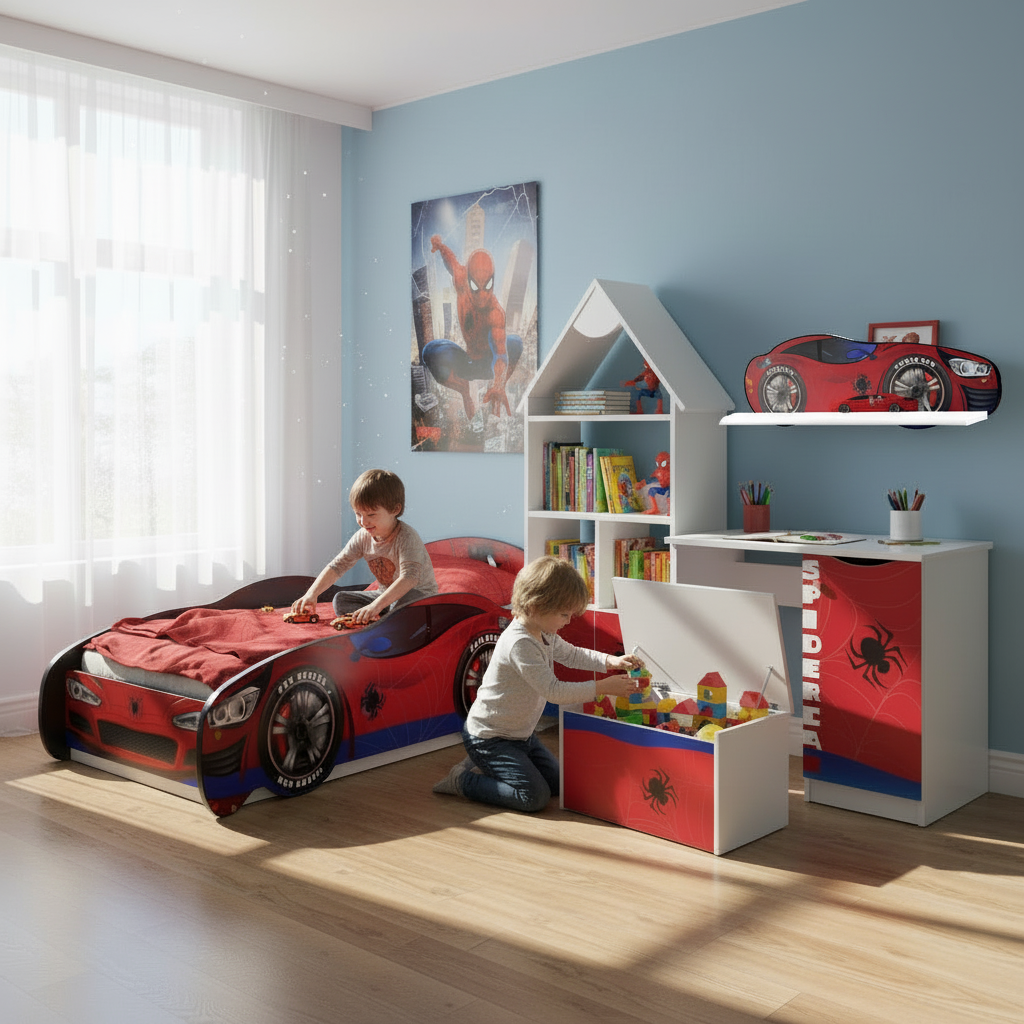 TPCAMSPID Cameretta completa Spider-hero 5 pezzi | Letto 160x80cm + Baule + Libreria + Mensola + Scrivania