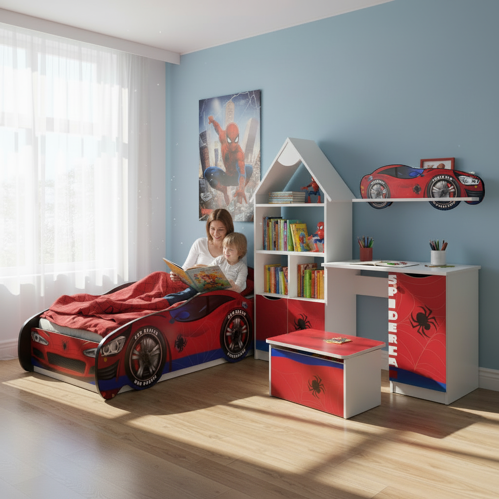 TPCAMSPID Cameretta completa Spider-hero 5 pezzi | Letto 160x80cm + Baule + Libreria + Mensola + Scrivania