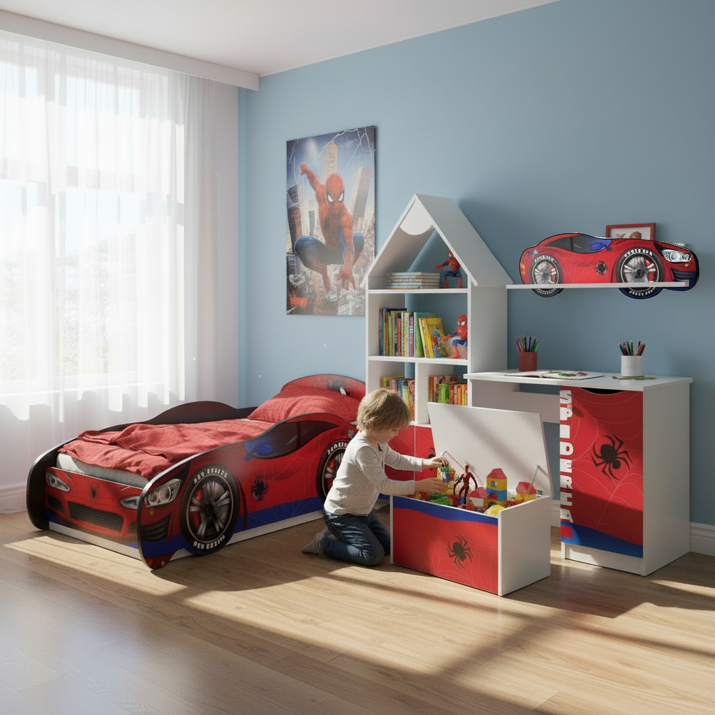 TPCAMSPID Cameretta completa Spider-hero 5 pezzi | Letto 160x80cm + Baule + Libreria + Mensola + Scrivania