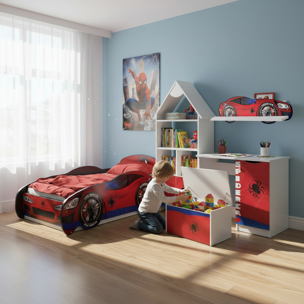 TPCAMSPID Cameretta completa Spider-hero 5 pezzi | Letto 160x80cm + Baule + Libreria + Mensola + Scrivania