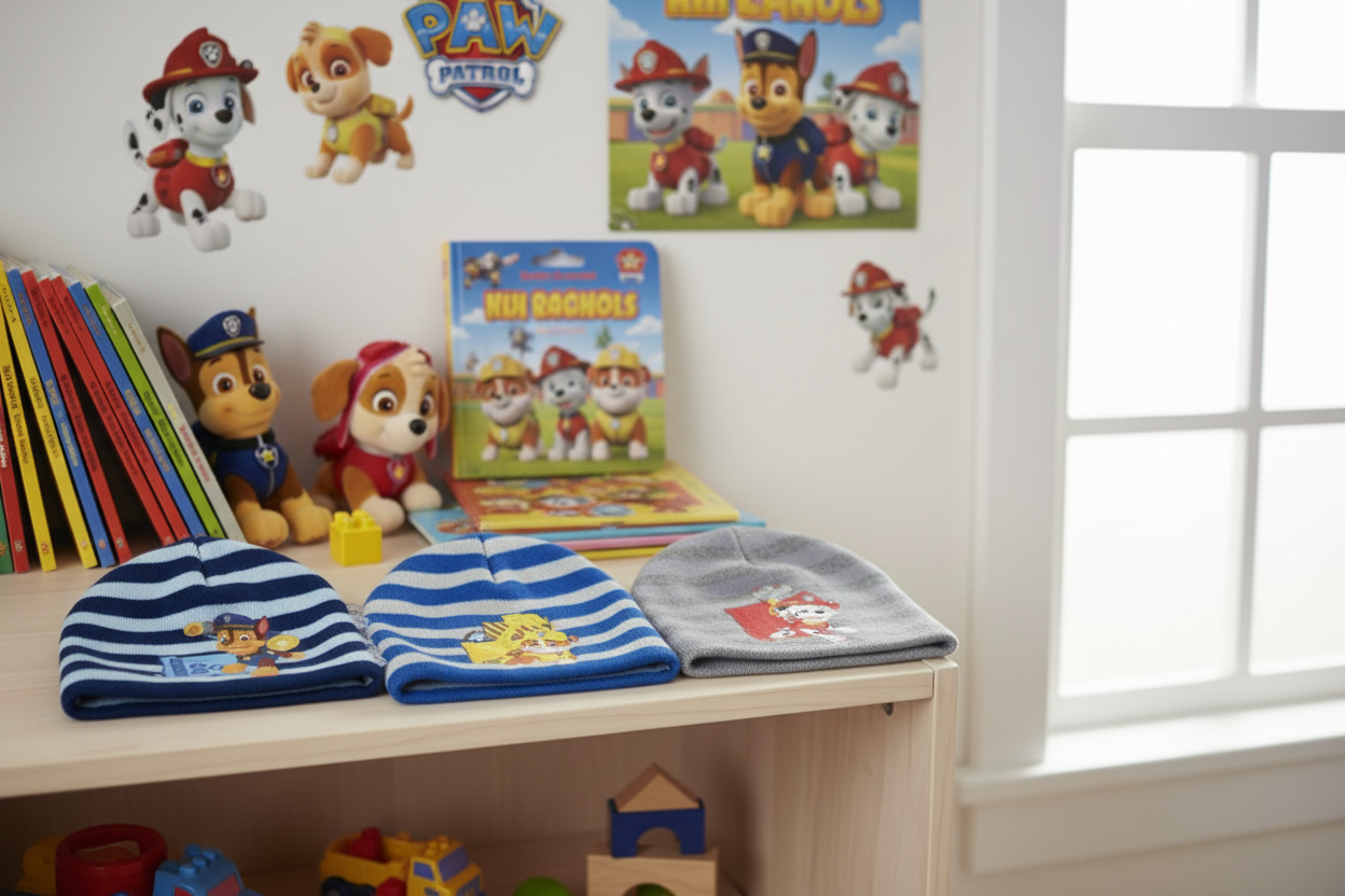 Tre cappelli Paw Patrol su mensola in cameretta