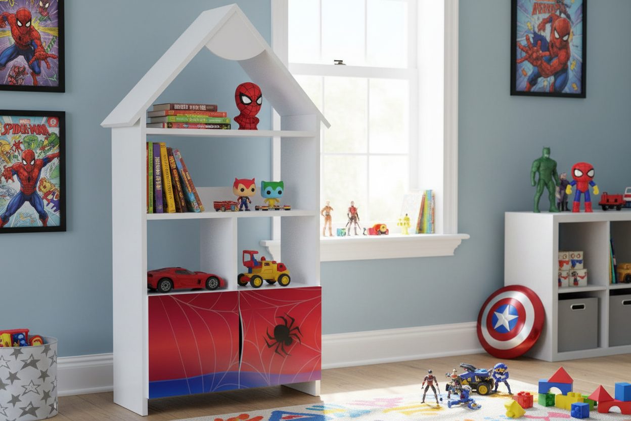 TPCAMSPID Cameretta completa Spider-hero 5 pezzi | Letto 160x80cm + Baule + Libreria + Mensola + Scrivania