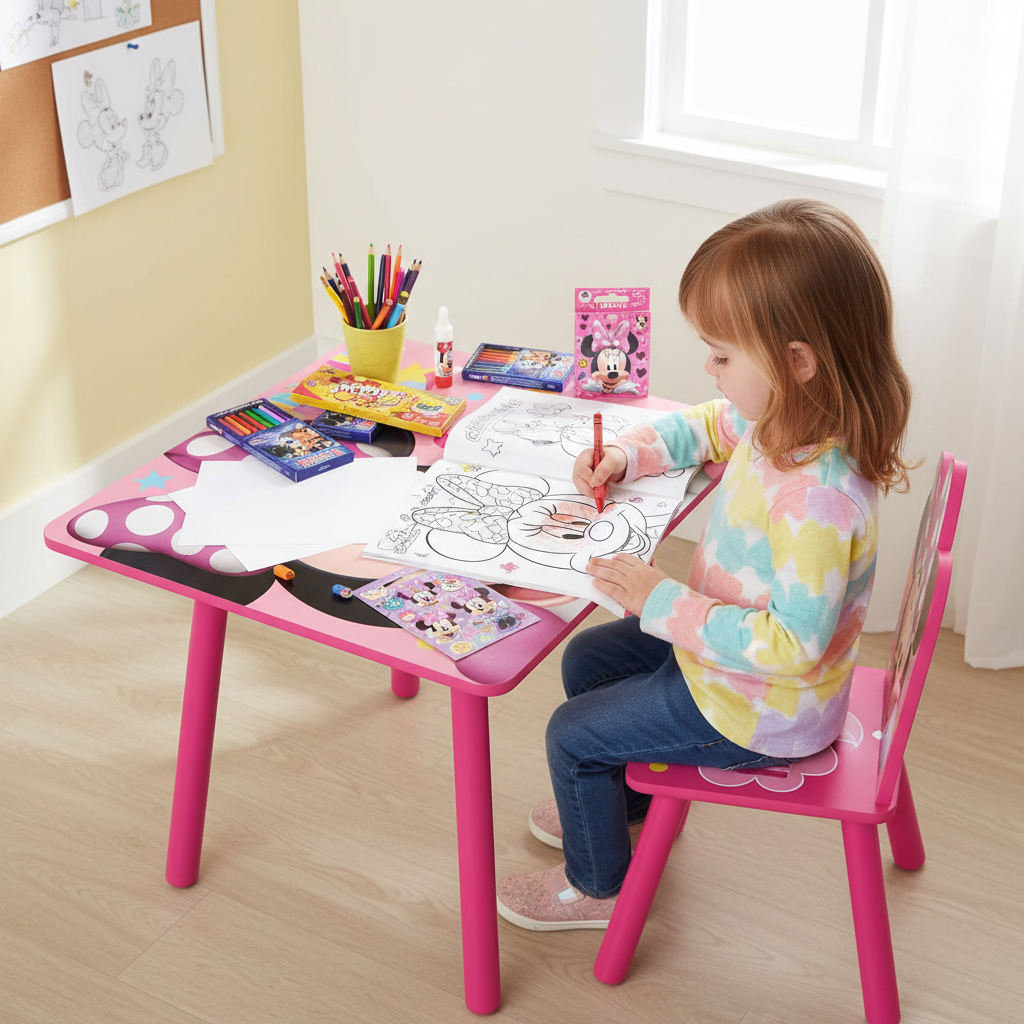 Vista dall'alto tavolo Minnie con volto e scritta ben visibili